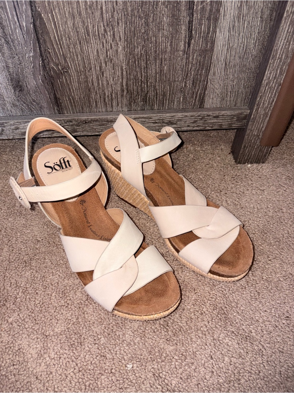 Söfft Beige Leather Wedge Sandals